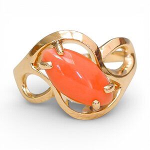 Vintage 14K Yellow Gold Marquise Coral Ring Size 6.25